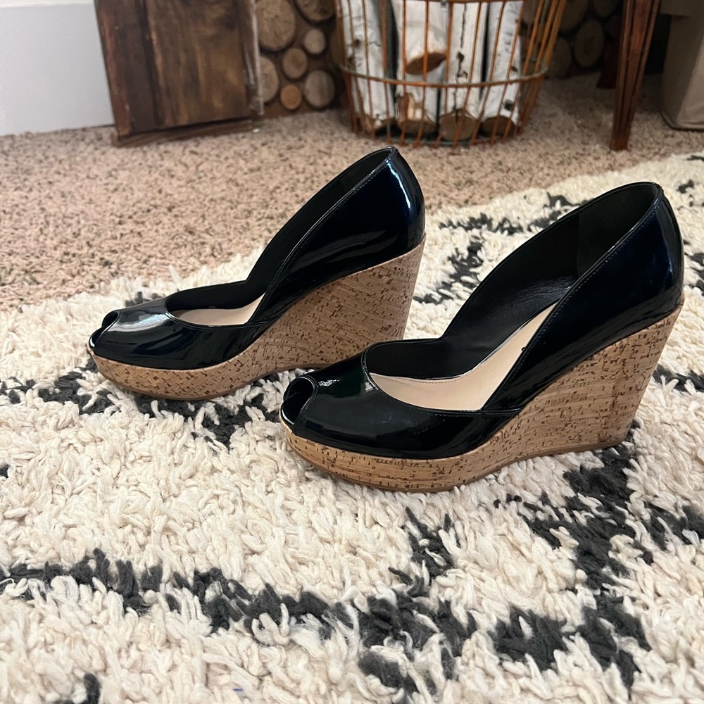 Via Spiga Black Patent Cork Wedge Peep Toe Pumps